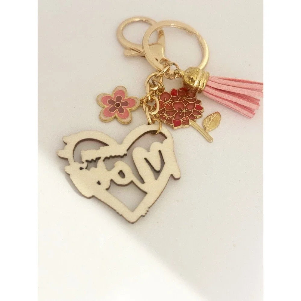 Gift For Mom:  Mom Heart Key ring Bag Charm Enamel Flower Tassel Pink